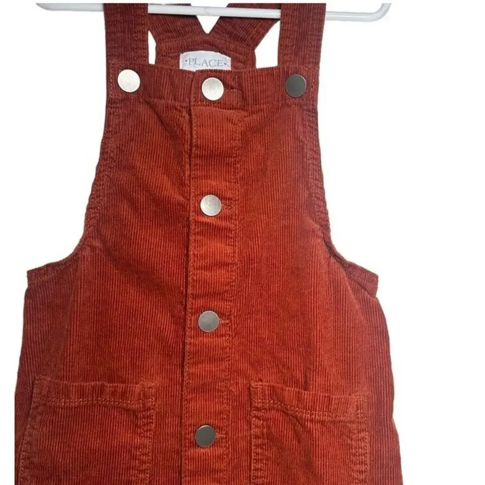Children’s Place Girl's Burnt Orange Corduroy Overall Button Down Dress 6x/7 - Picture 3 of 6